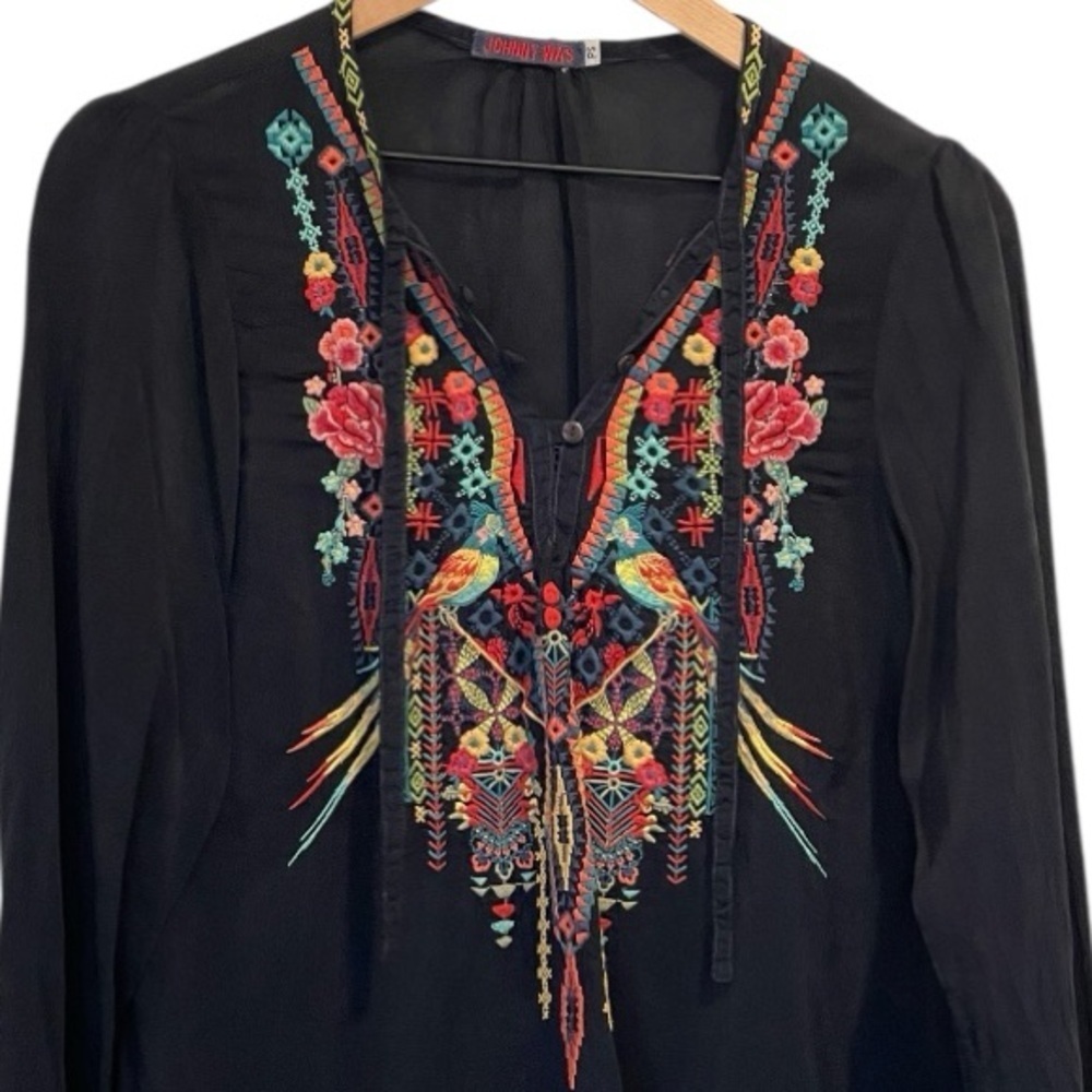 Johnny Was Embroidered Black Women's Blouse, Buttoned V-Neck, Long Sleeve, S - Picture 15 of 16